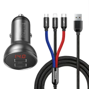 Caricabatterie da auto Baseus con display 24W + cavo USB 3 in 1 Baseus Tre colori primari 1,2 m