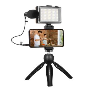 Set per registrazioni live Puluz: treppiede + luce LED + microfono + clip per telefono PKT3132B
