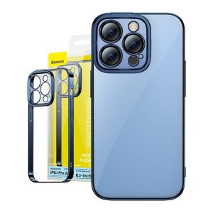 Set Baseus con custodia trasparente glitterata e vetro temperato per iPhone 14 Pro (blu)