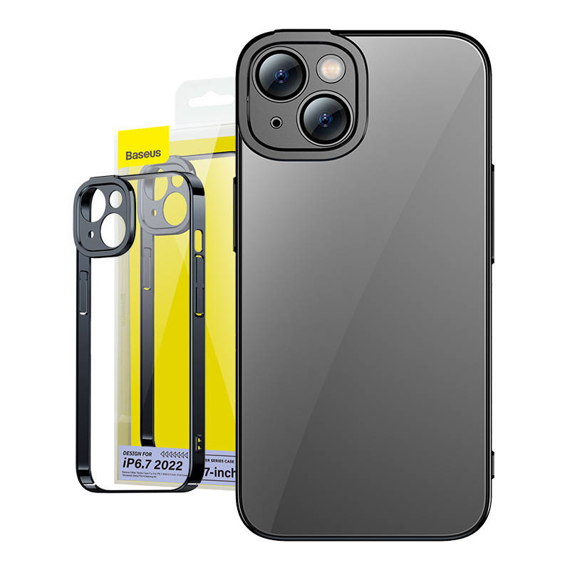 Set Baseus con custodia trasparente glitterata e vetro temperato per iPhone 14 Plus (nero)