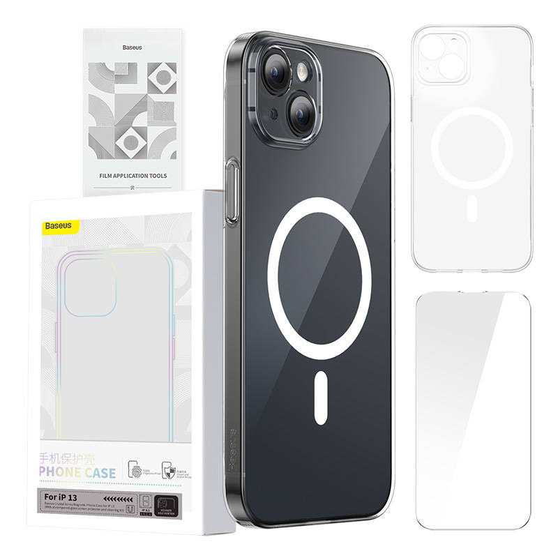 Custodia per iPhone 13 Baseus Magnetic Crystal Clear (trasparente) con pellicola protettiva in vetro temperato e kit di pulizia.