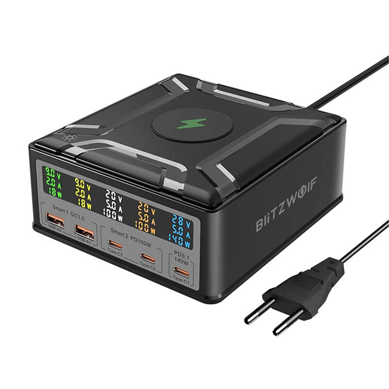 Blitzwolf BW-S28 260W, 2xUSB-A, 3xUSB-C, caricabatterie wireless da 15W (nero)