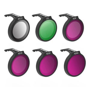 Set di sei filtri SUNNYLIFE per DJI Neo MCUV: CPL, ND8, ND16, ND32 e ND64.
