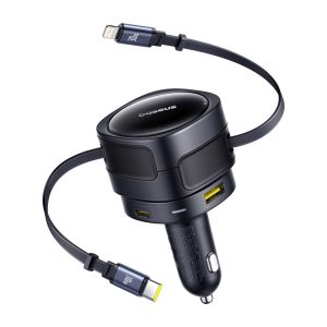 Caricabatterie da auto Baseus Enjoyment Max con cavi USB-C+Lightning e porte USB-A+USB-C, 90W, nero.